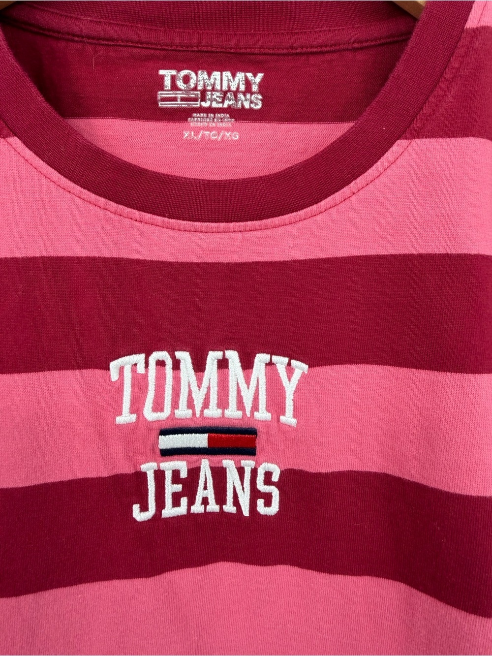 Tommy Hilfiger Tommy Jeans Collegiate T-Shirt Red & Pink Striped Tee - Picture 7 of 9